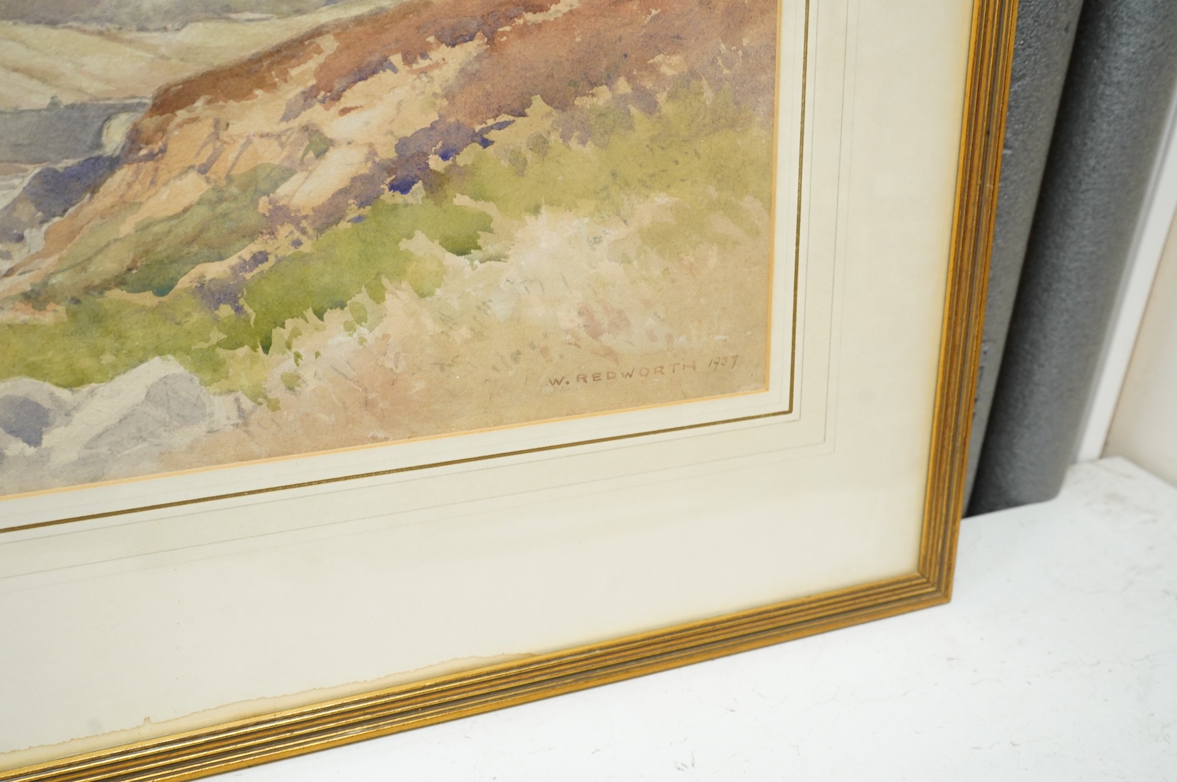 William Redworth (1873-1947), Moorland scene, signed and dated 1837, watercolour, and two other smaller works, largest 38 x 53cm